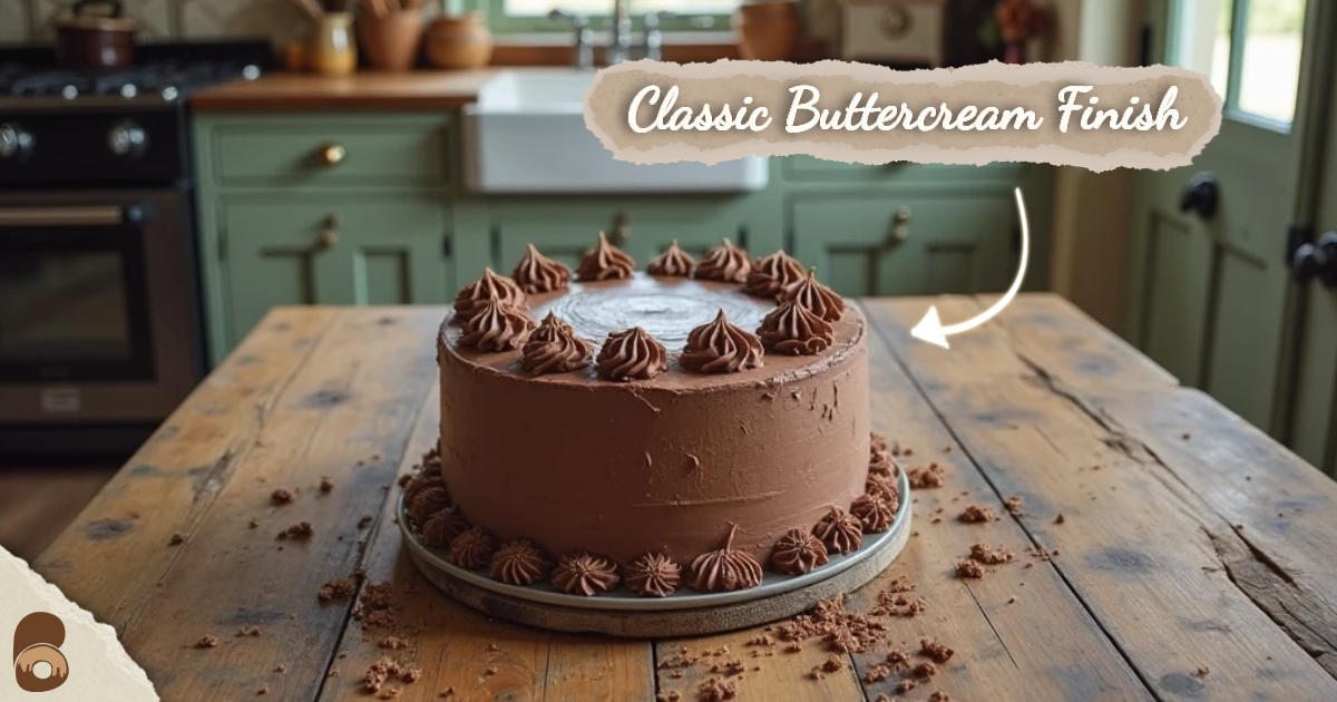 Chocolate layer cake with smooth buttercream frosting on a rustic kitchen table, illustrating one of the most popular types of frosting used by professionals.