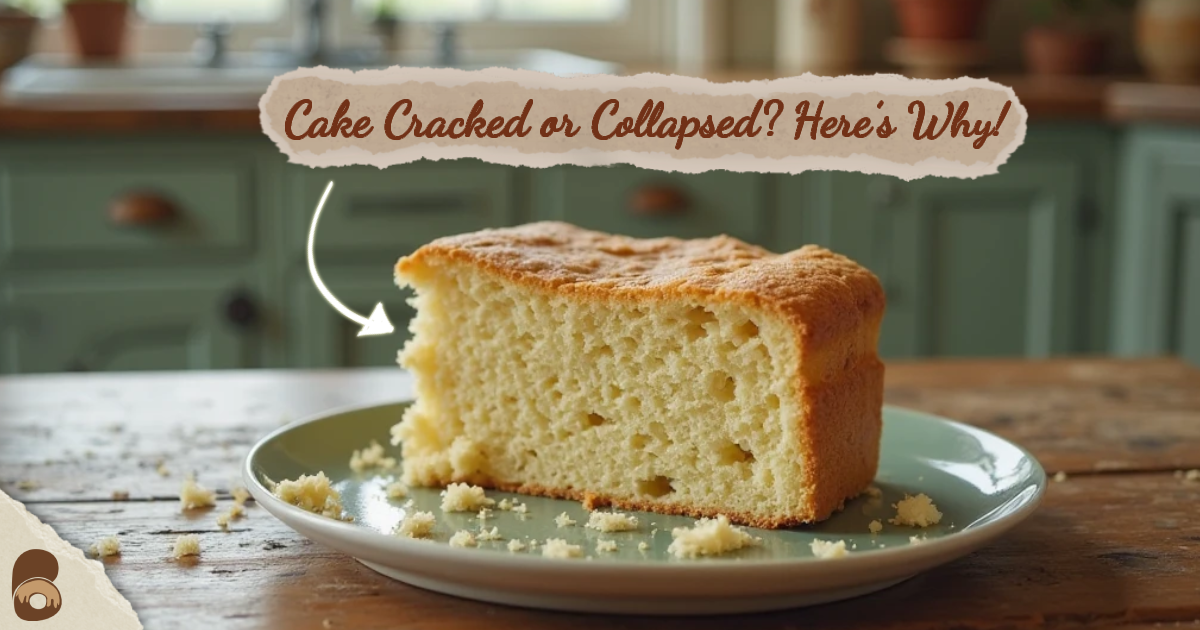 Cracked cake with sunken center — classic cake fails caused by oven temperature or overmixing