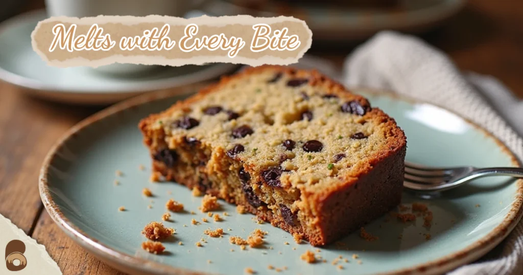 Half-eaten slice of zucchini chocolate chip bread with crumbs and coffee mug on a rustic table.