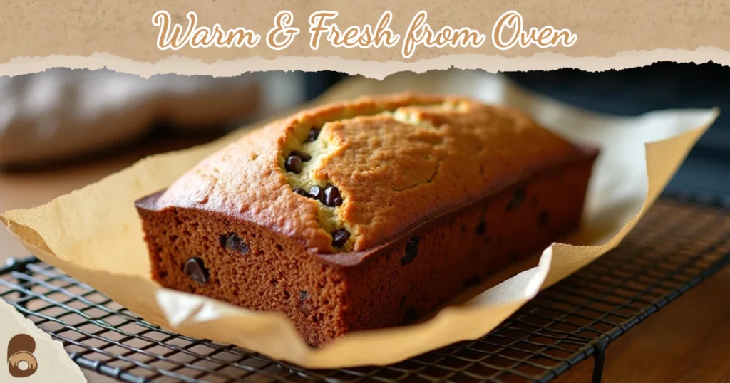 Loaf of chocolate chip zucchini bread cooling on a rack with visible cinnamon crust and soft steam.