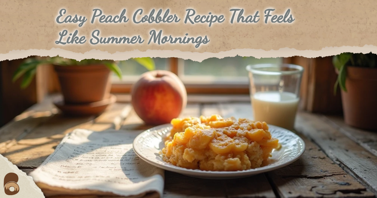 Warm peach cobbler served near a sunny kitchen window — easy peach cobbler recipe.