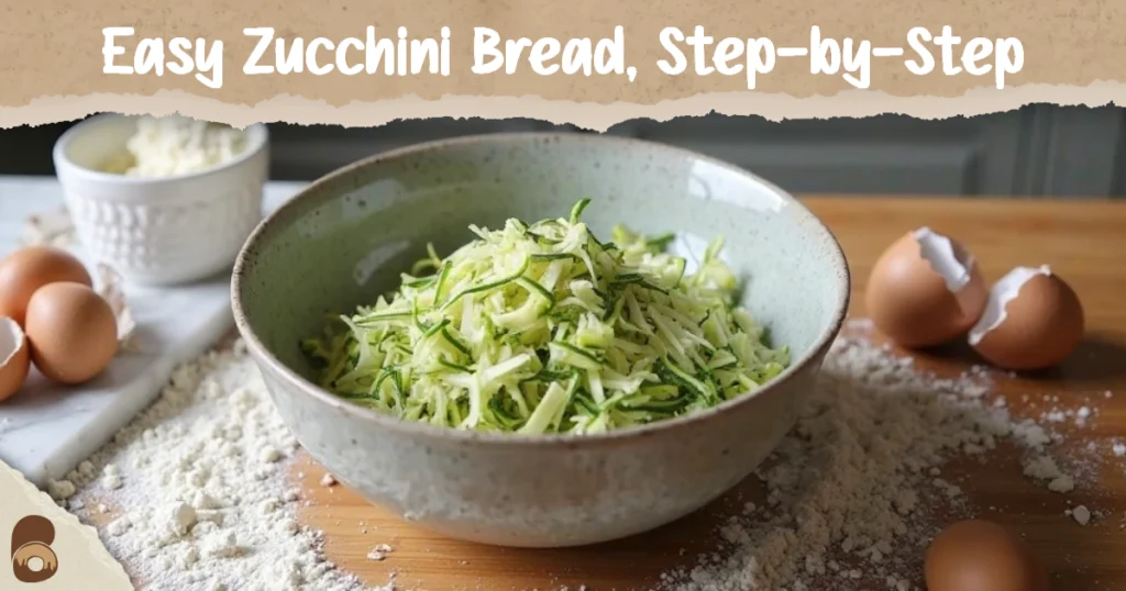 Bowl of grated zucchini with baking ingredients on a rustic farmhouse kitchen table