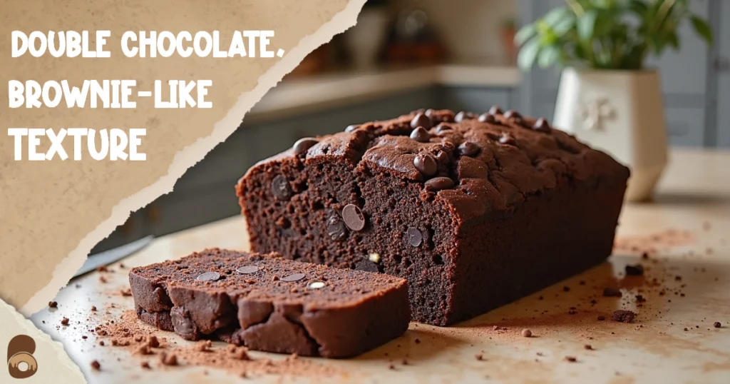 Double chocolate zucchini bread with rich dark crumb and chocolate chips on marble countertop — recipes for chocolate chip zucchini bread variation.