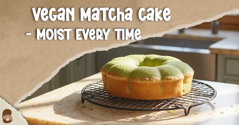 Freshly baked vegan matcha cake cooling on marble countertop with golden edges and soft green center.