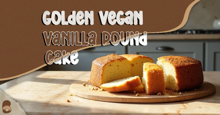 Fully baked vegan vanilla pound cake on a wooden board with golden crust and moist interior, displayed on marble countertop in rustic kitchen.