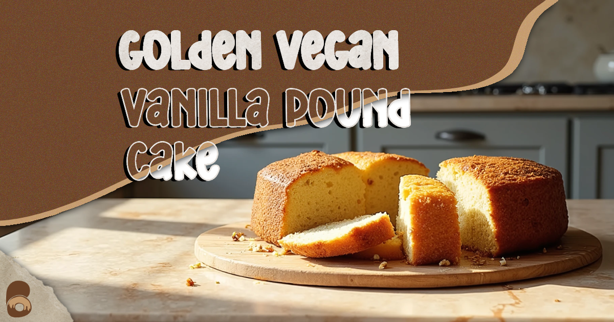 Fully baked vegan vanilla pound cake on a wooden board with golden crust and moist interior, displayed on marble countertop in rustic kitchen.