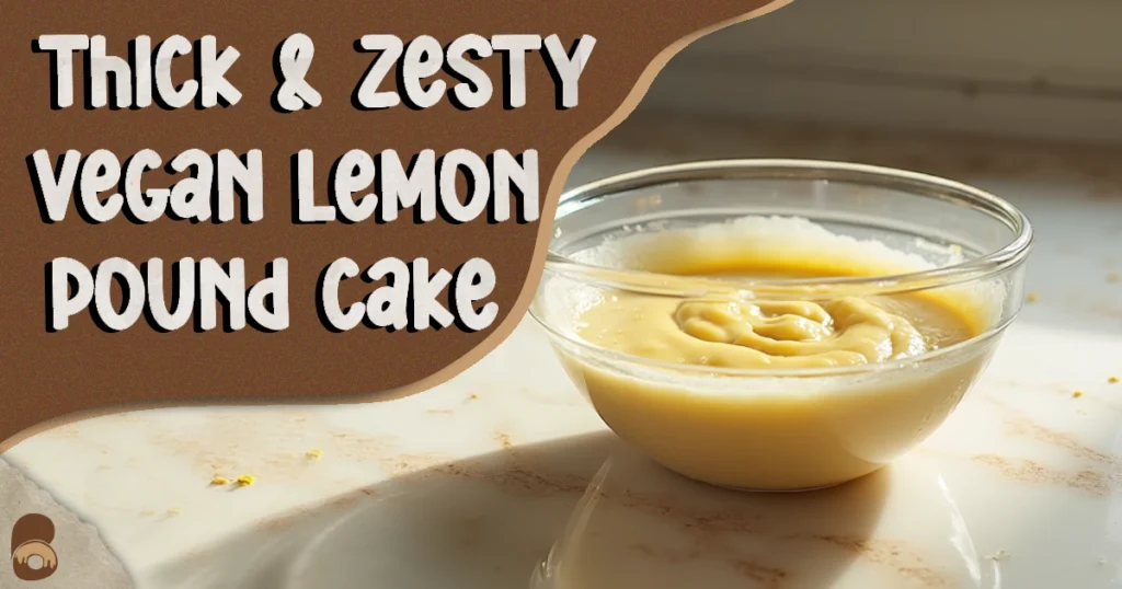 Mixing bowl with vegan lemon pound cake batter on marble countertop in rustic Mediterranean kitchen.