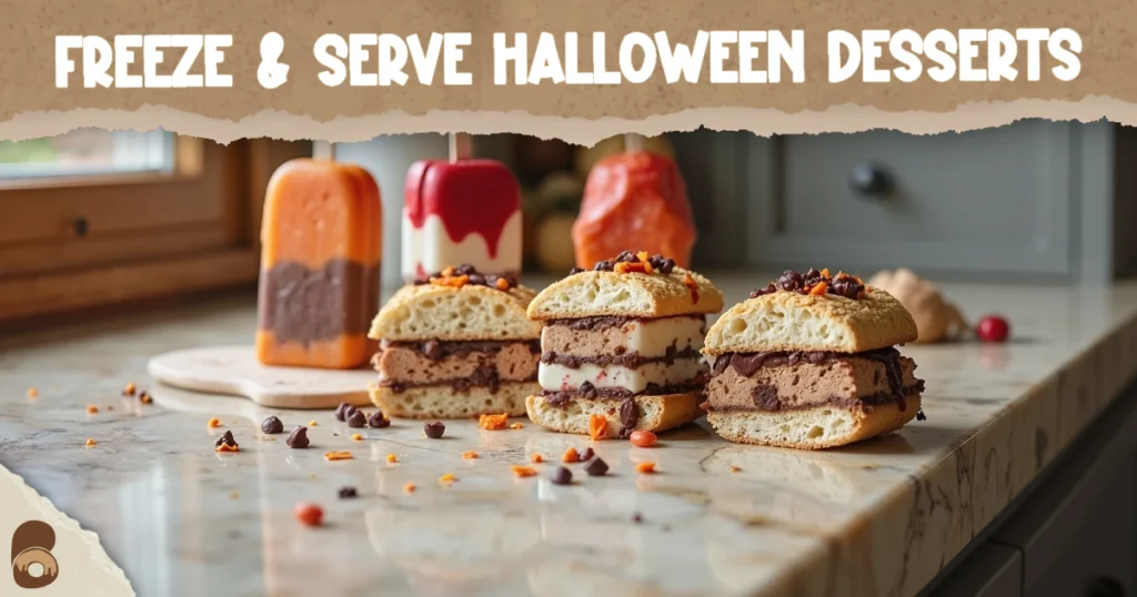 Monster ice cream sandwiches and layered Halloween popsicles ready to serve.