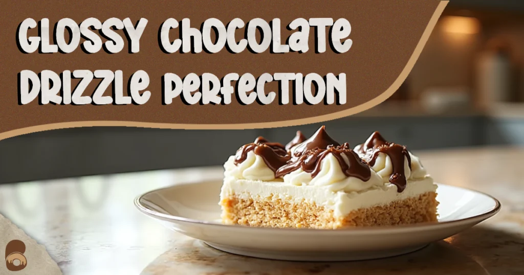 No Bake Banana Split Cake Recipe macro shot showing creamy topping and chocolate drizzle.