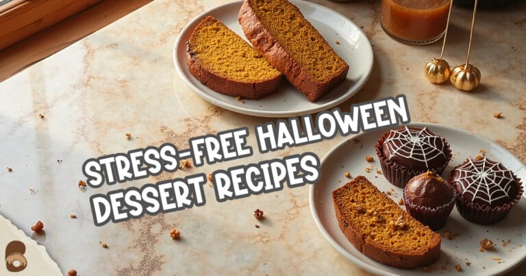 Overhead view of Halloween dessert recipes including pumpkin bread, spiderweb mousse cups, and brownie bites.