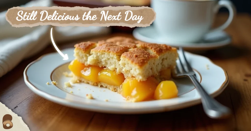 Partially eaten peach cobbler slice on a ceramic plate with crumbs scattered around.