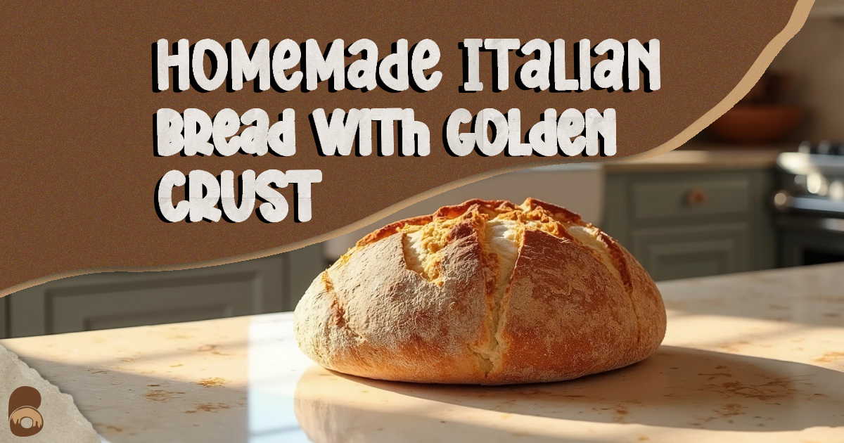 Rustic homemade Italian bread loaf with golden crust on marble counter in Mediterranean kitchen.