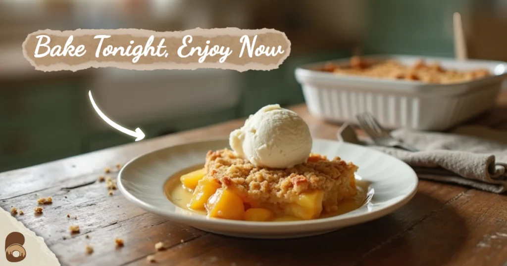 Serving of peach cobbler with vanilla ice cream in a rustic kitchen setting.