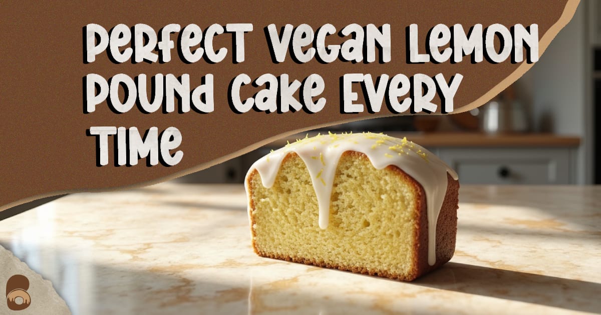 Sliced vegan lemon pound cake with golden top and tender crumb on marble countertop in rustic kitchen.