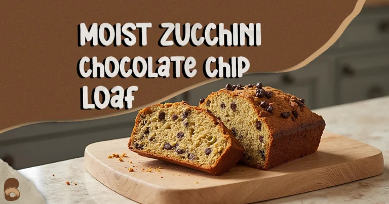 zucchini chocolate chip loaf on wooden board in rustic kitchen.