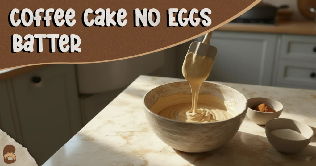 45-degree shot showing coffee cake no eggs batter just combined with smooth, thick pourable texture in a mixing bowl