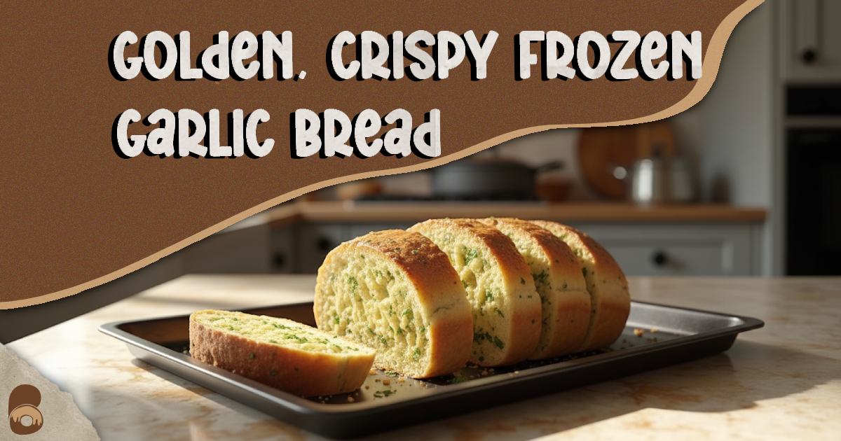 A freshly baked, golden, crispy frozen garlic bread loaf sliced with melted butter and garlic visible.