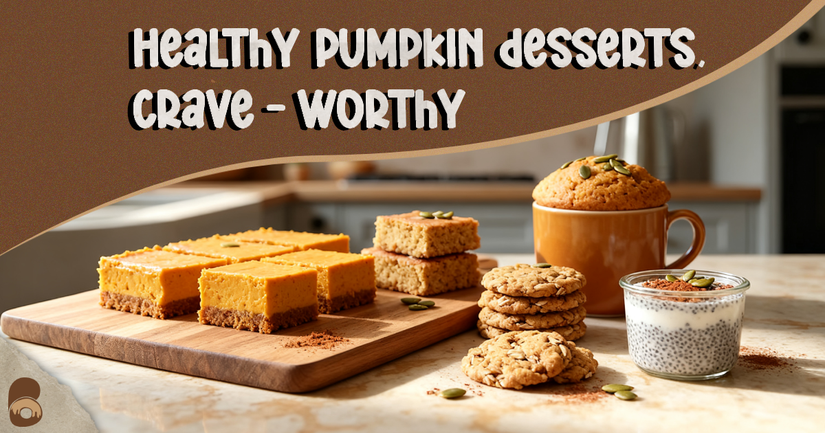 A hero platter of healthy pumpkin desserts showcasing bars, blondies, cookies, parfaits, and a mug cake