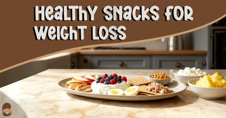 A platter of healthy snacks for weight loss featuring yogurt with berries, apples with almond butter, eggs, and chickpeas
