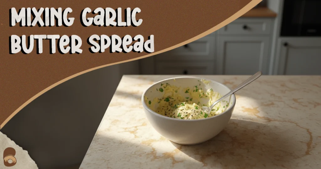 Butter mixed with minced garlic and parsley in a small bowl for a cheesy garlic bread recipe.