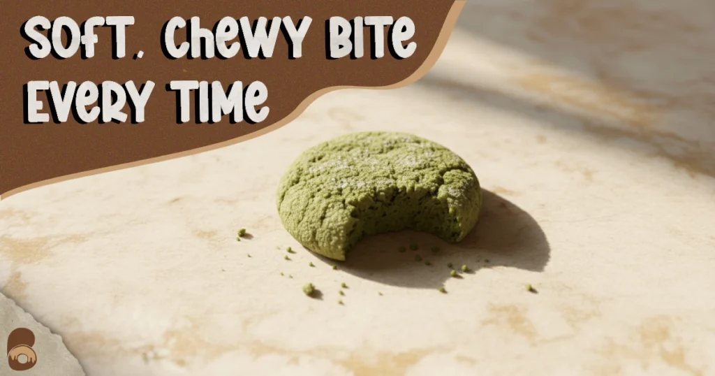 Close-up of a bitten matcha cookie showing chewy inside texture.