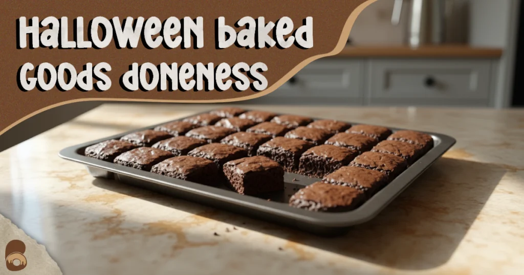 Close-up of brownie bite showing moist crumb doneness cue for Halloween baked goods