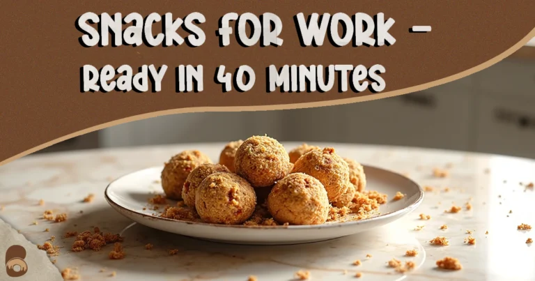 Close-up of homemade energy bites on marble countertop representing healthy snacks for work.