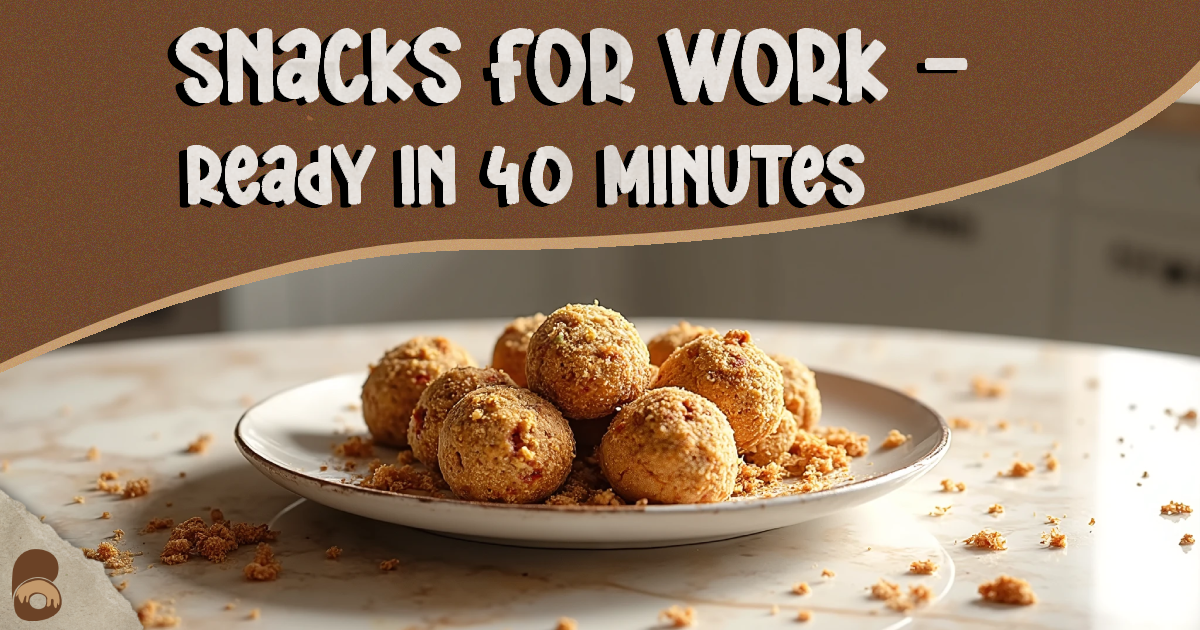 Close-up of homemade energy bites on marble countertop representing healthy snacks for work.