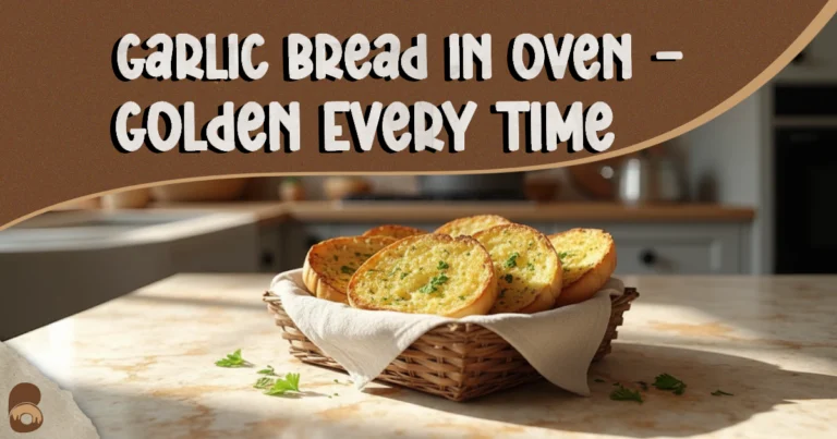 Crispy garlic bread in oven served golden brown on marble countertop.