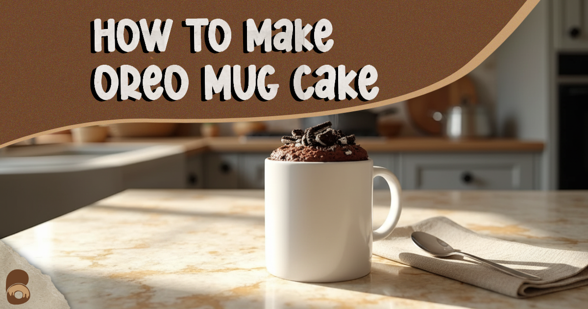Finished Oreo mug cake in a white mug with crushed cookie topping showing how to make oreo mug cake step by step.