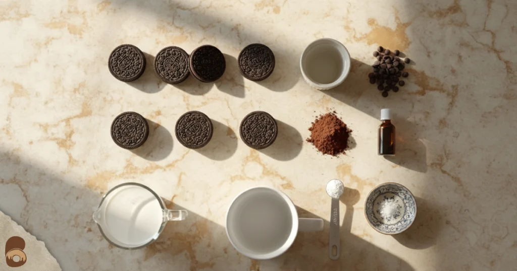 Flat lay of ingredients showing Oreos, milk, oil, baking powder, salt, vanilla, cocoa, and chocolate chips for how to make oreo mug cake.