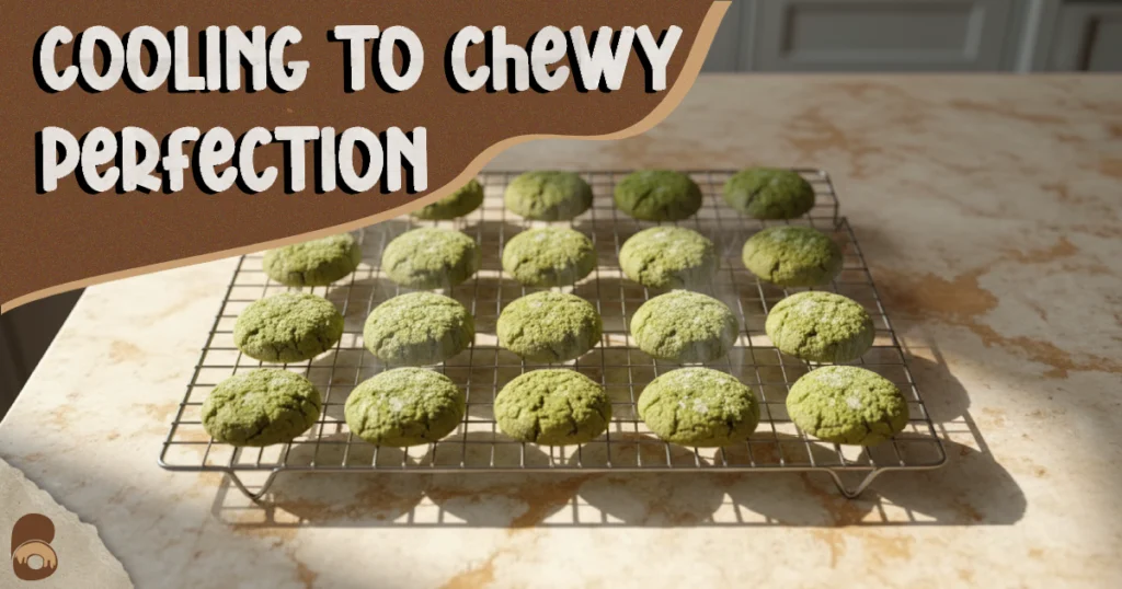 Freshly baked matcha cookies cooling on a rack by the window.