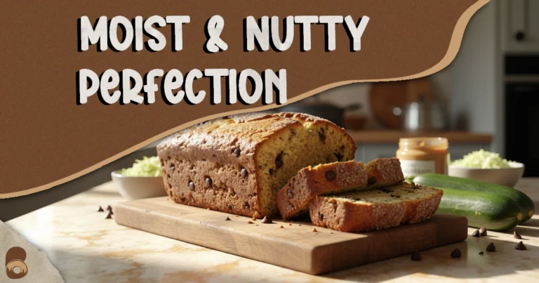 Freshly baked peanut butter zucchini bread loaf sliced on a rustic cutting board showing moist crumb and chocolate chips.