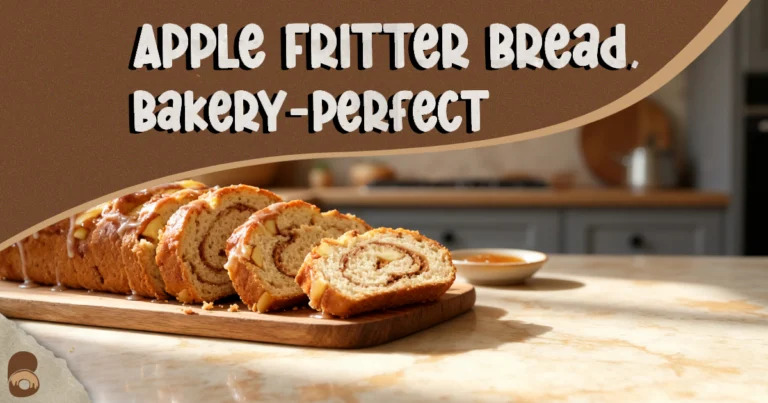 Golden apple fritter bread loaf with cinnamon swirls and glossy glaze.