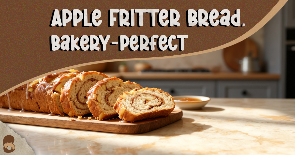 Golden apple fritter bread loaf with cinnamon swirls and glossy glaze.