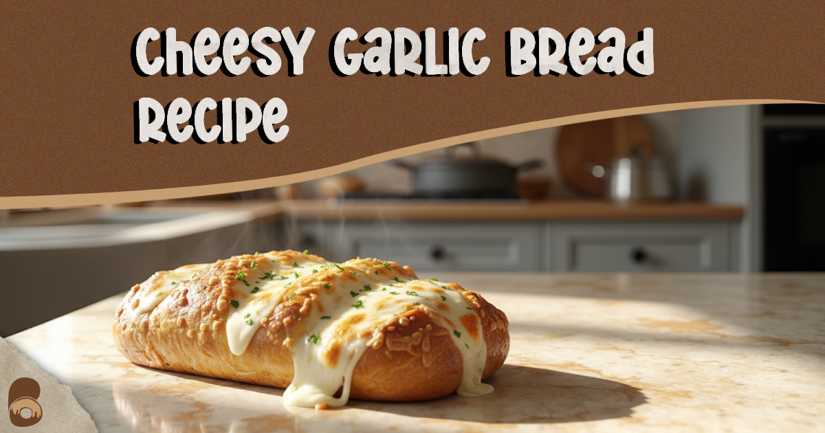 Golden cheesy garlic bread recipe with bubbling mozzarella and parmesan on crisp baguette halves.