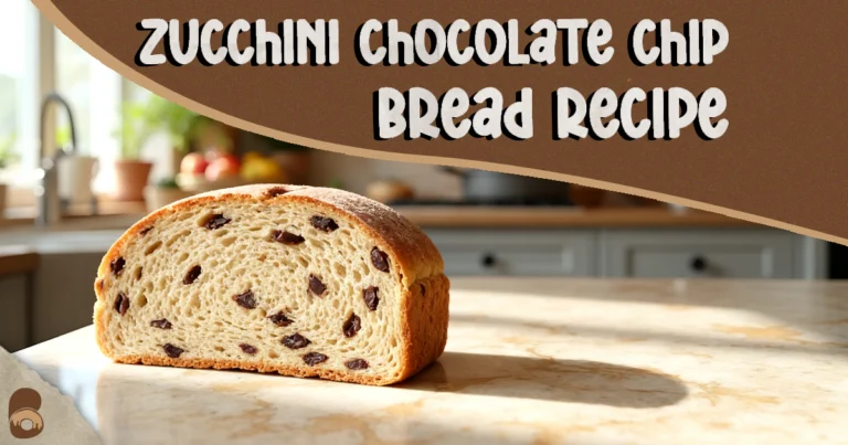 Golden loaf sliced to show moist crumb with chocolate chips for a zucchini chocolate chip bread recipe