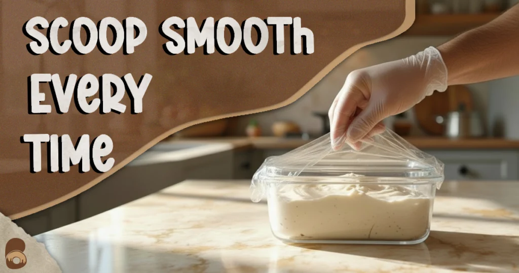 Healthy ice cream recipe in container ready to serve, smooth texture visible.