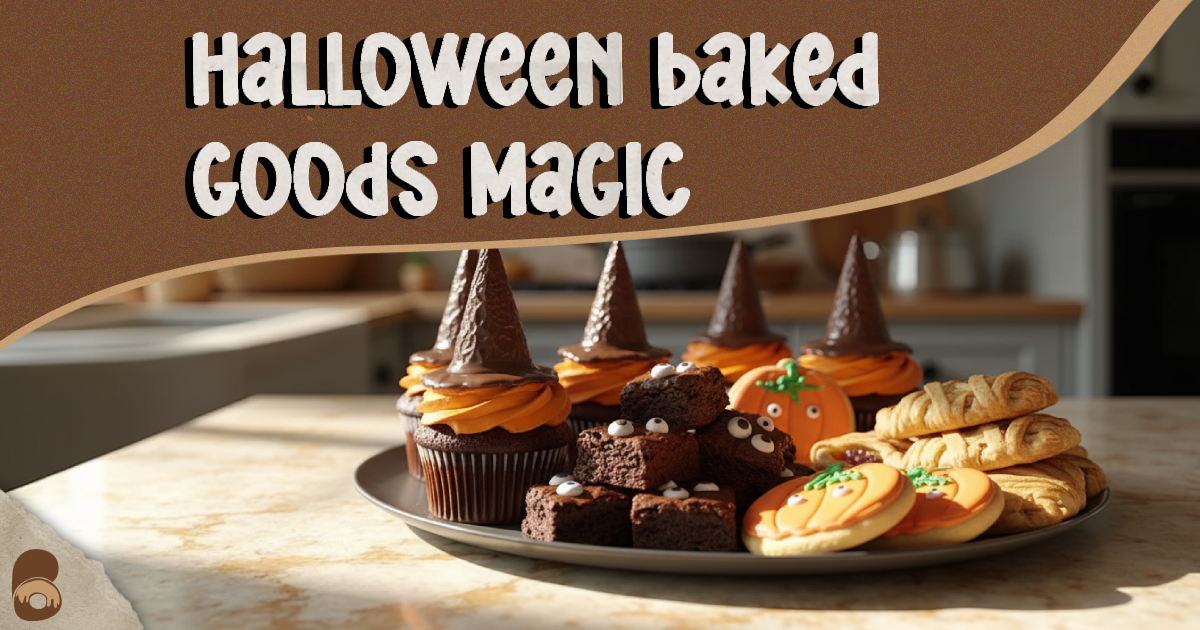 Hero platter of Halloween baked goods featuring cupcakes, brownie bites, cookies, and hand pies arranged together.