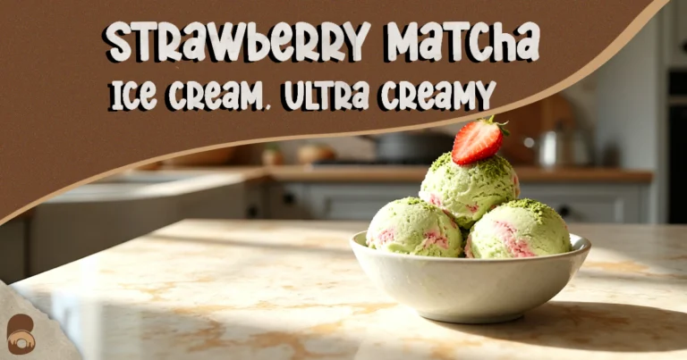 Low eye-level hero scoop of strawberry matcha ice cream with visible swirls and fresh strawberry garnish