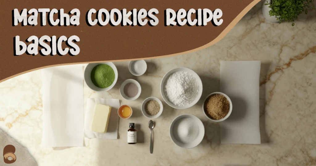 Overhead flat-lay of ingredients for a matcha cookies recipe neatly arranged on marble