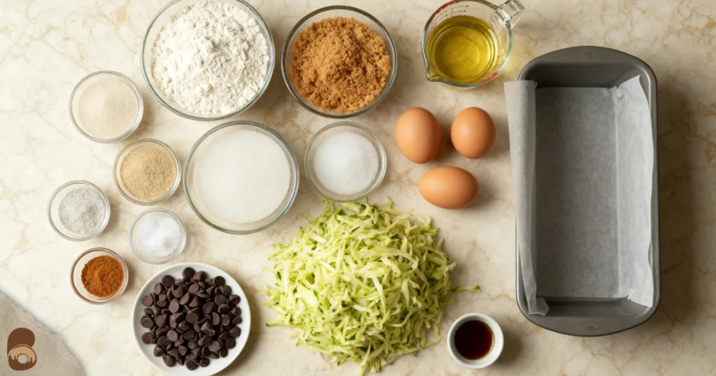 Overhead flat-lay of measured ingredients for a zucchini chocolate chip bread recipe on marble