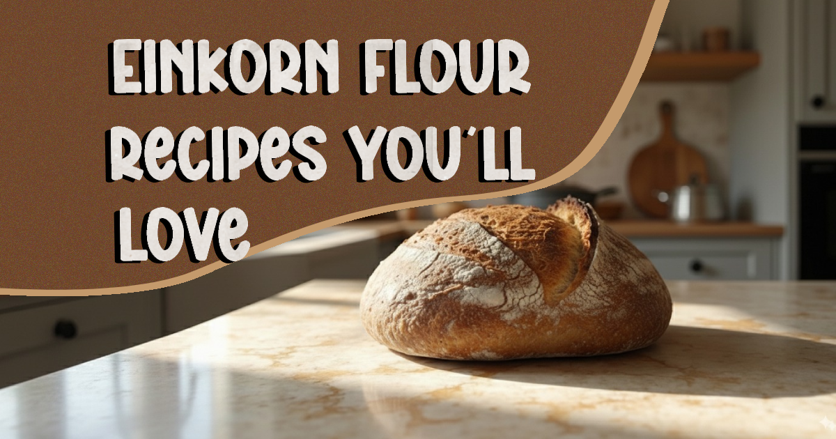 Rustic einkorn sourdough bread loaf with golden crust on a countertop — perfect start for einkorn flour recipes.
