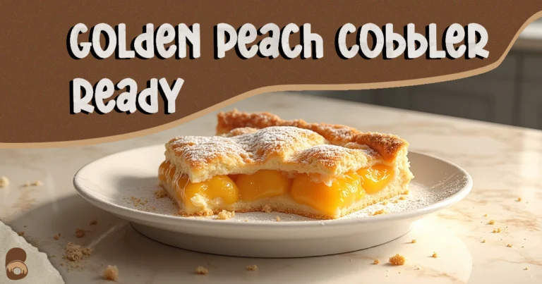 recipe for peach cobbler using bisquick after first bite, highlighting golden crust and juicy peaches.