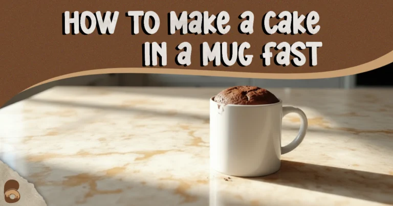 A moist chocolate mug cake rising over a white ceramic mug, showing airy crumb; how to make a cake in a mug