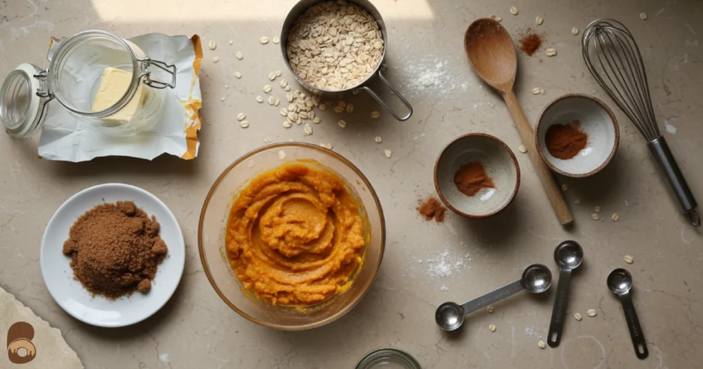 Pumpkin oatmeal cookies ingredients on kitchen counter showing pumpkin puree, oats, brown sugar, butter, and spices