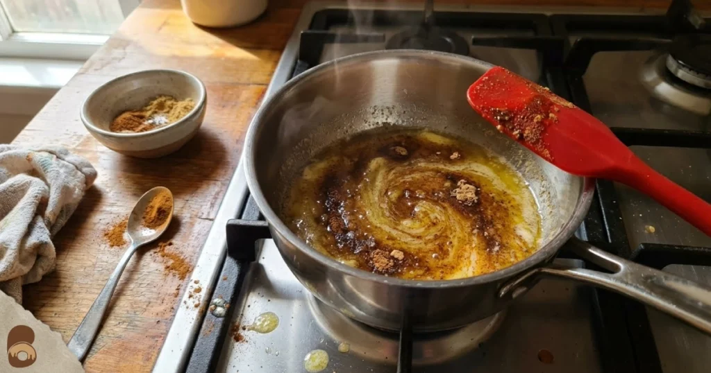 Blooming spices in butter for pumpkin spice cookies, glossy mixture, aromatic and darkened slightly.