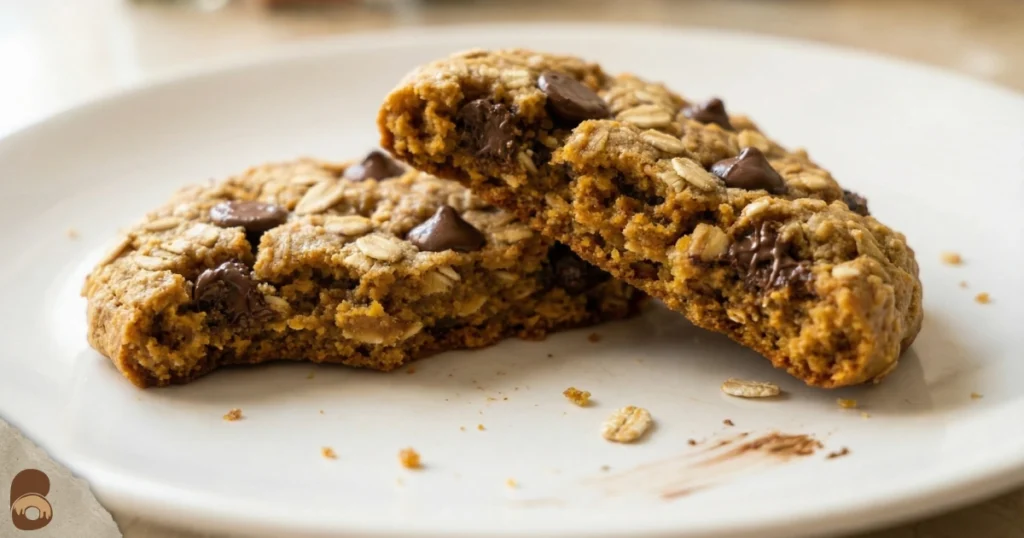Oatmeal pumpkin chocolate chip cookies broken in half showing moist chewy crumb and chips