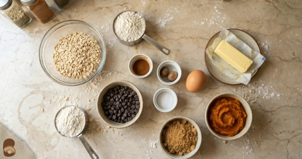 Oatmeal pumpkin chocolate chip cookies ingredients: pumpkin purée, oats, flour, chocolate chips
