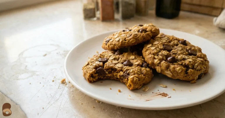 Oatmeal pumpkin chocolate chip cookies on plate with oats, chips, chewy centers